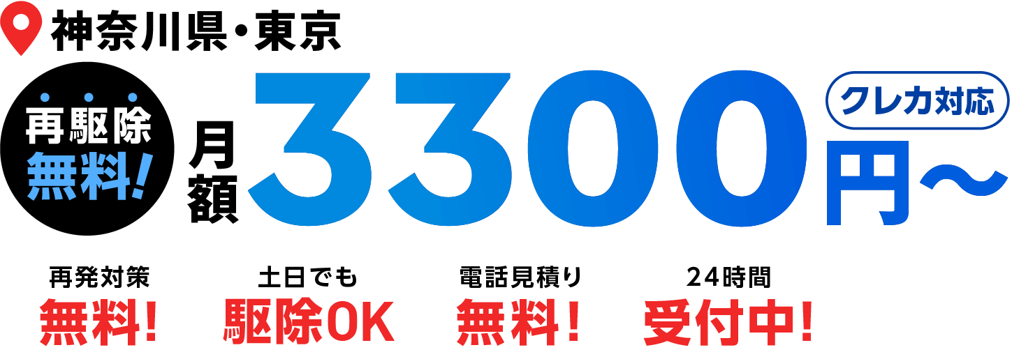 神奈川県・東京、再駆除無料！月額3,300円〜！クレカ対応！